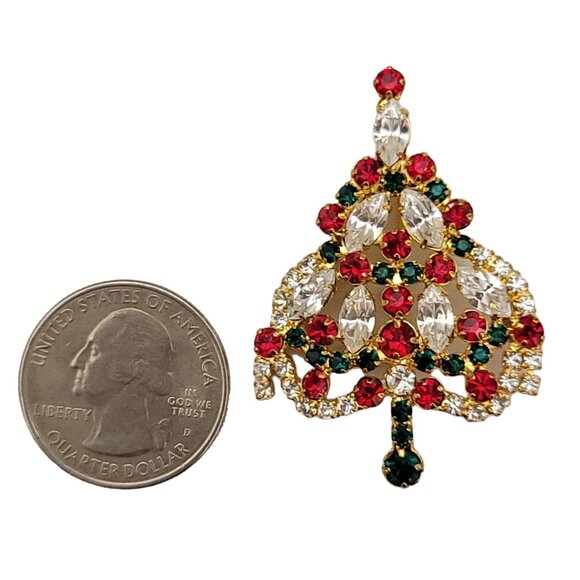 Gold Tone Red Green Clear Prong Set Rhinestone Christmas Tree Brooch Pin K582 - Picture 4 of 7